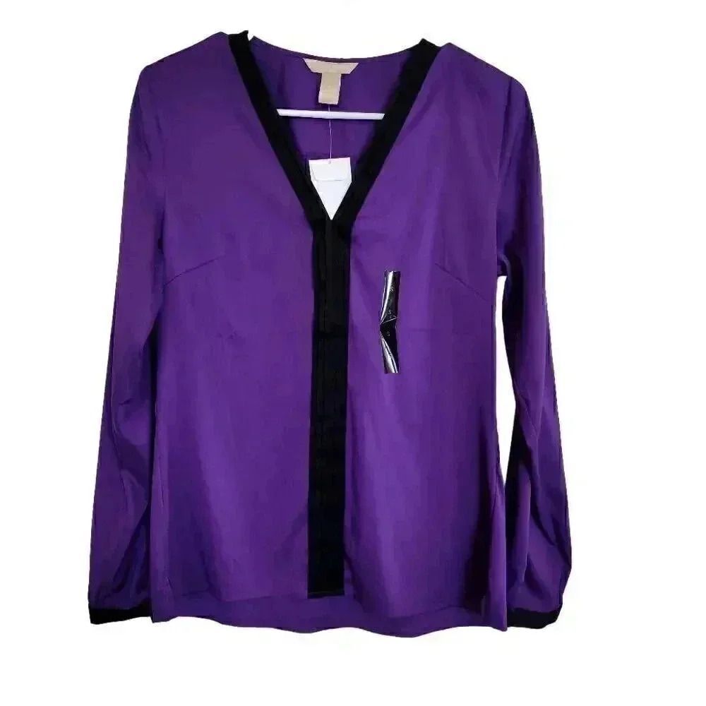 Banana Republic Women's Purple & Black Poly/Spandex Long-Sleeve Blouse NEW